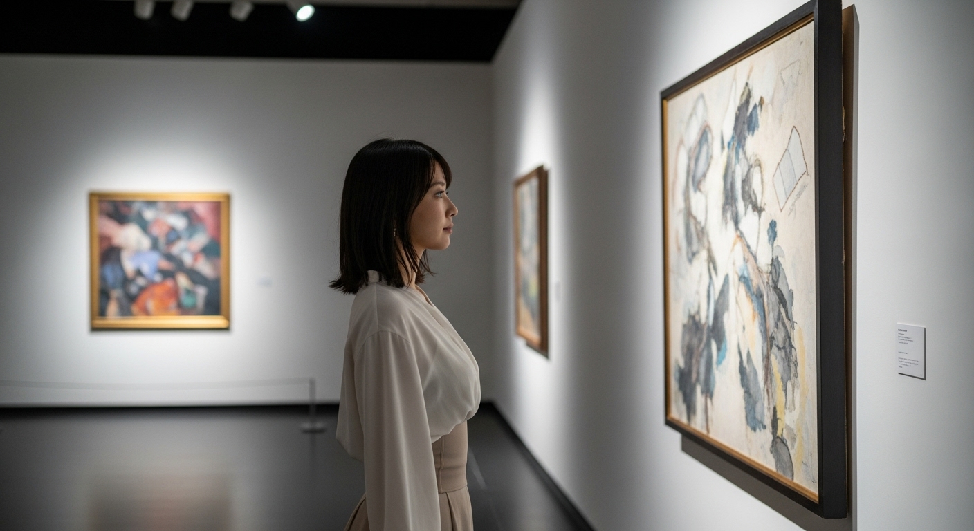 美術館で美しい姿勢で立つ女性