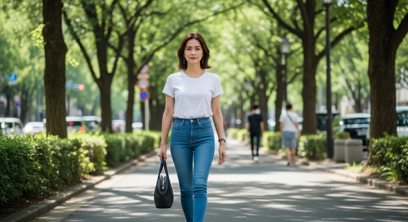表参道をTシャツとデニムで歩く女性