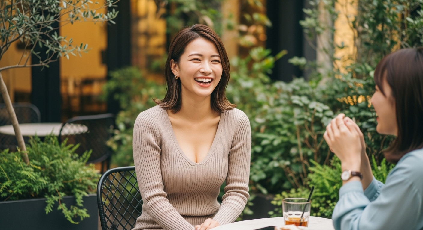 ホテルラウンジでニットワンピを着る女性
